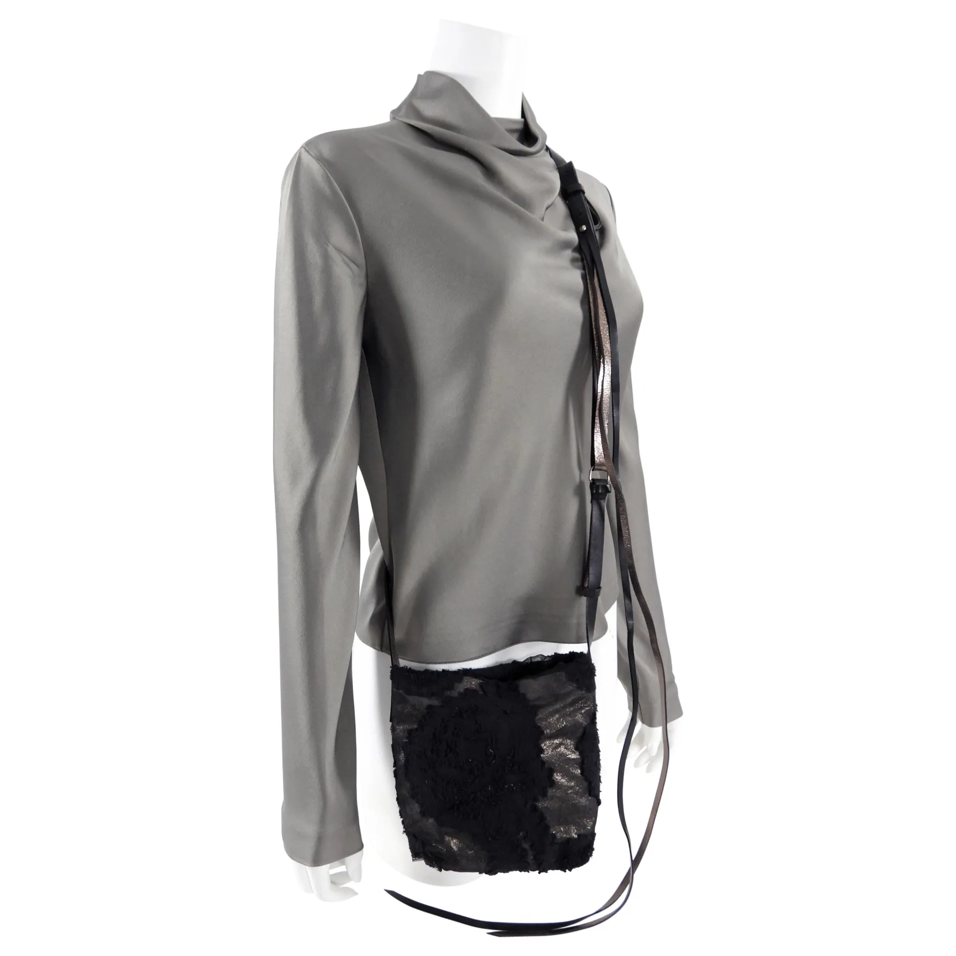 Ann Demeulemeester Pewter Metallic Leather Fabric Crossbody Bag