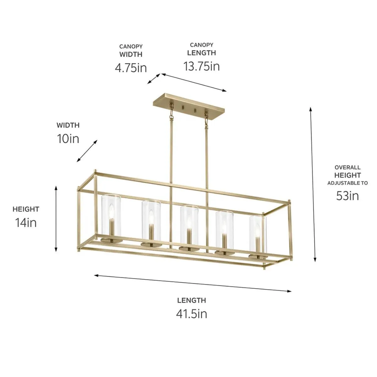 Crosby 42" 5-Light Linear Chandelier with Clear Glass, Natural Brass Finish